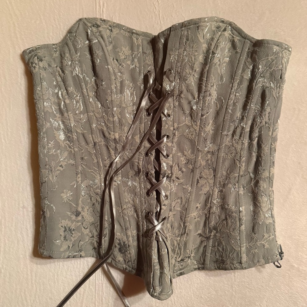 Vintage Y2K Hennes H&M Sage Green Floral Jacquard Lace-Up Corset Top Sz 8